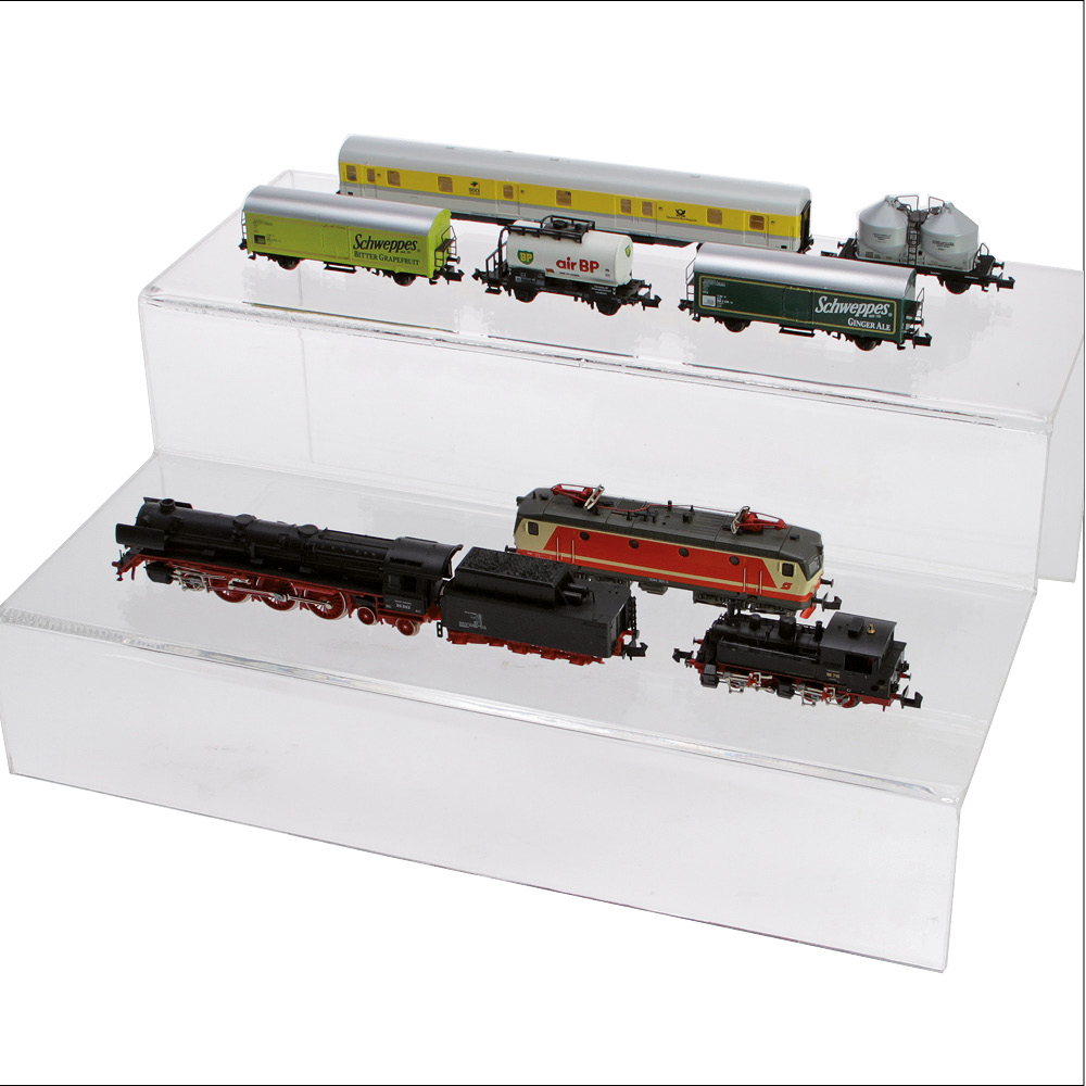 4025473352667-treppe_minieisenbahn Espositore a scaletta in vetro acrilico trasparente